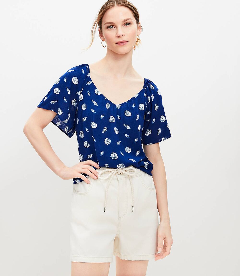 LOFT Shell Print Crinkle Top Blue White Size L